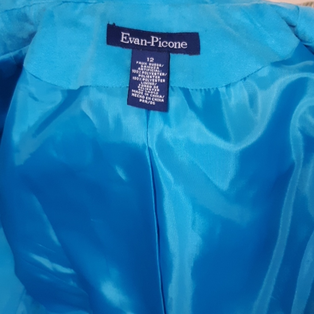 Womens blue teal jacket long sleeve coat EVAN PICONE faux suede sz 12 - Picture 7 of 7